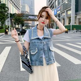 Women's Vests Vintage Blue Short Beading Denim Vest Women Waistcoat Spring Summer Big Pocket Cowboy Sleeveless Jacket Coat Jeans FemaleWomen