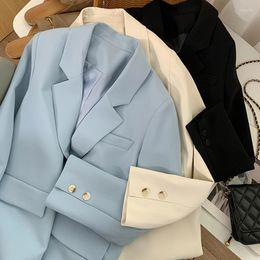 Women's Suits DAYIFUN Solid Suit Jacket Women Spring Light Blue Long Sleeve Blazers With Pockets Korean Classic Two-button Style Coats Top