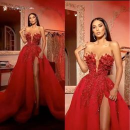 Prom Party Gown A Line Evening Dresses Strapless Floor-Length Sweep Train Beaded Applique Crystal Tulle Red long Thigh-High Slits Backless