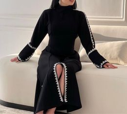 Party Dresses Vintage Black Front Slit Prom Dresses Saudi Arabia Women Evening Dress High Collar Long Sleeves Formal Party Gowns 230325