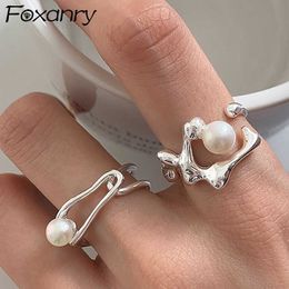 Band Rings FOXANRY Pearl Couples Rings for Women Couples New Fashion Vintage Handmade Hollow Geometric Birthday Party Jewelry Gifts G230327