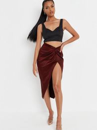 Skirts High Waist Twist Slit A-Line Midi Skirt Silk Satin For Women 2023 Summer Elegant Sexy Outfits Woman IrregularSkirts