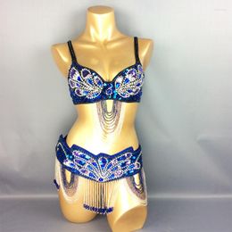 Stage Wear Crystal Beaded Belly Dance Costume Women Pole Belt 2 Piece Set Sexy Costumes Bellydance Clothes