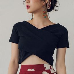 Women's T Shirts Sexy V-neck Cocktail T-shirt High Waist Women's Short Sleeve Solid Colour Top Student Slim Base Shirt Korean Clothes