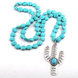 Pendant Necklaces Bohemian Jewelry Flat Blue Stone Knotted Cactus Charm Necklace For Women Ethnic