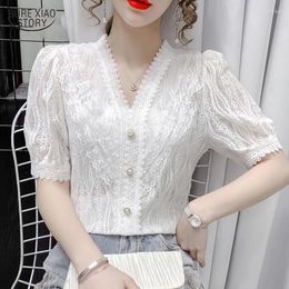 Women's Blouses 2023 Short Sleeve Elegant Women Tops Summer V-neck Lace Button Blouse Solid Crochet Ruffle Patchwork Slim Shirt 14190