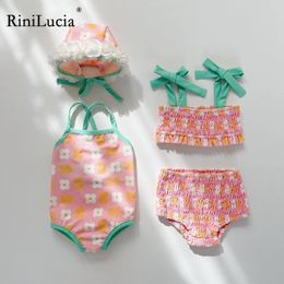 OnePieces Rinilucia Summer Born Babhighers Split Swimsuits Flollal Koral Style Beach Vacace Infants Pleated水着子供服230327