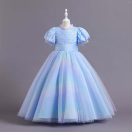 Girl Dresses Teens Girls Puff Sleeve Sequin Tulle Princess Dress Elegant Big Children High Waist Formal Prom Costume Ice Blue Evening