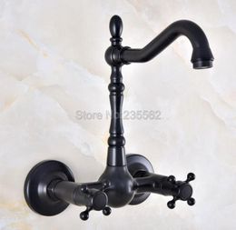Bathroom Sink Faucets Black Oil Rubbed Bronze Kitchen Faucet Wall Mounted Dual Hnandle Swivel Basin Mixer Tap Lnf855