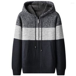 Men's Sweaters Autumn Winter Men's Striped Sweater Coat Thick Fleece Warm Zipper Wool Hooded Cardigan Jumpers Men Long Sleeve Knitted