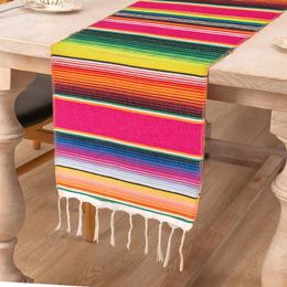 Mexican Style Rainbow Stripe Table Runner Woven Table Cloth with Tassels Mexican Party Table Cover