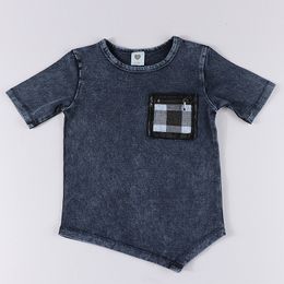 T-shirts top kids t-shirt summer short sleeves clothes childrenboy and girl clothes denim blue irregular t shirt black zipper pocket 230327