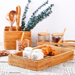 Storage Boxes Bins Handmade Rattan Basket Snack Bread Fruit Food Breakfast Display Tray Desktop Dessert Plant 230327