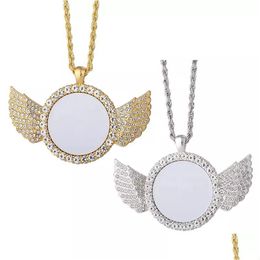 Sublimation Blanks Angel Wing Necklace Custome With Chain Set Blank Rhinestone Bezel Pendant Tray Drop Delivery Dhrwm