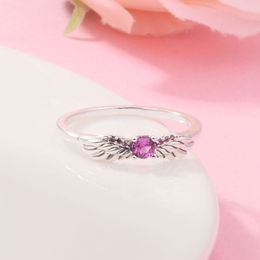 925 Sterling Silver Sparkling Angel Wings Ring with Pink Zirconia Fashion Pandora Style Jewellery Ring For Women