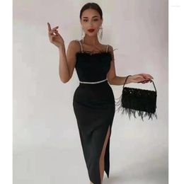 Casual Dresses Summer Fashionable Black Sexy Spaghetti Strap Feathers High Elastic Knitted Night Party Club Dress