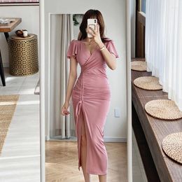 Casual Dresses Arrival Fashion Party Split Dress Women Elegant Summer Sexy V-neck Butterfly Sleeve Pink Temperament Sweet Bodycon