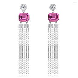 Dangle Earrings 925 Sterling Silver Women Square Pink Crystal S925 Long Tassel Drop For Lady Gift Party Fine Jewellery Ear Wears