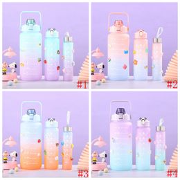 Outdoor 3PCS Abrazine Bottle With 3D Stickers Plastic Gradient Rainbow Colour Gym Fitness Sports Drink Water Bottles RRA4706