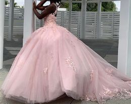 Quinceanera Dresses Princess Pink Appliques V-Neck Ball Gown with Tulle Plus Size Sweet 16 Debutante Party Birthday Vestidos De 15 Anos 74