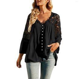 Women's Blouses Womens Top Lace Crochet V Neck Button Flare Sleeve Shirt Casual Loose