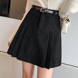 Skirts A-line High Waist Mini Pleated Skirt Women Fashion Autumn Winter Corduroy Short Skirts Woman Casual Black Skirts 230327