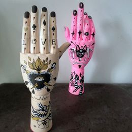 Other Home Decor Tattoo Wooden Hand Ornaments Articulated fingers Figurine Kanagawa Surf Painting Movable Art Joint Doll 230327