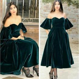 Party Dresses Design Dark Green Cocktail 2023 Sweetheart Velvet Prom Short Sleeves Vestido De Festa Kaftan Formal Evening