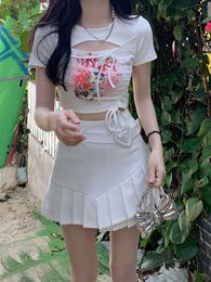 Women's TShirt QWEEK Y2k Hollow Out Crop T Shirt Korean Harajuku Design Tees White Short Sleeve Tops Summer Kpop Egirl Graphic 23327