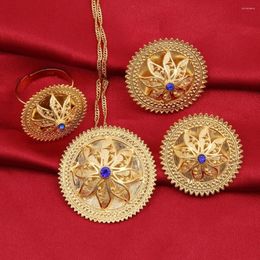 Necklace Earrings Set Gold Flowers Jewelry Women Color Pendant Ring African Arabian Ethiopian Jewellery