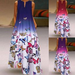Casual Dresses Plus Size Summer Dress 2023 Women Butterfly Print Sleeveless Vintage Boho V Neck Long Maxi Femme Robe Vestidos De Mujer