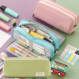 Pencil Bags Large Capacity Pencil Case Double Side Macaron Color Canvas Pen Bag Storage Pouch Stationery for Junior High School Students 230327