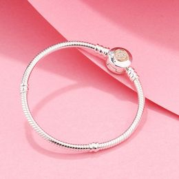 925 Sterling Silver Classic Snake Chain Signature Bracelet with Pave Clear Cz Clasp Fits For European Pandora Bracelets Charms and Beads