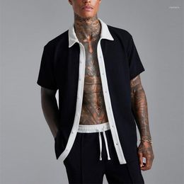 Men's Tracksuits Fashion Patchwork Contrast Colour Men's Two Piece Suit Casual Loose Short Sleeve Button Lapel Shirt And Shorts Set For
