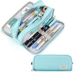 Pencil Bags Large Pencil Case Big Capacity 3 Compartments Canvas Pencil Pouch for Teen Boys Girls School Students Blue 230327