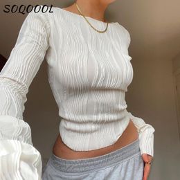 Womens TShirt Ruched Long Sleeve Tshirts Women Crop Top Y2K Clothes Autumn Casual White Skinny Black Basic Tee Corset Pulovers T Shirt 230327