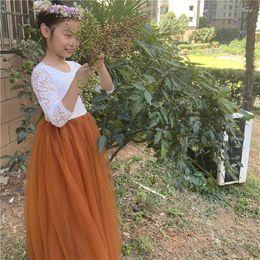 Girl Dresses Boho Chic Flower Girls Lace Tulle Dress For Teens Children Burnt Orange Color Bridesmaid Wedding Vestido Costume