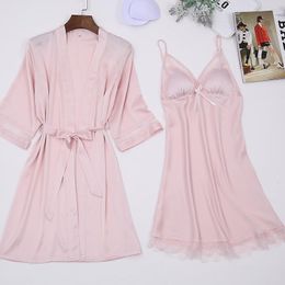 Women's Sleepwear Ladies Elegant Silk Satin Robe Set Half Sleeve Bathrobe & Sexy Nightdress Lace Fashion Twinset For Women