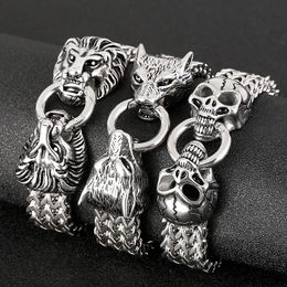 18MM Gothic Viking Wolf Skull Lion Head Link Bracelet Men's Vintage Gold Silver Black Stainless Steel Bike Curb Double Mesh Chain Bangle Wrist Jewellery