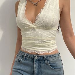 Women's Tanks Camis Darlingaga Y2K Sweet Cute V Neck Bodycon Sexy Tank Top Fashion 2000s Aesthetic Summer Cropped Vest Slim Bow Lace Top Women Cloth 230325