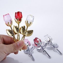 50pcs Valentines Day Gift Crystal Glass Rose Artificial Flower Silver Gold Rod Rose Flower for Girlfriend Wedding Gifts for Guest