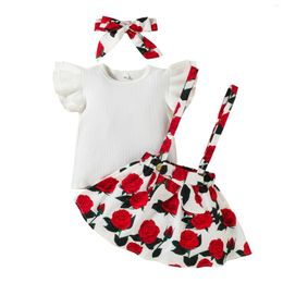Ensembles de vêtements 2023 1-6Y Sweet Toddler Girl White Fresh Solid Color Sleeve T-shirt Rose Flower Suspender Jupe Avec Bandeau 3pcs