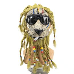 Party Masks Halloween Masks Stuffed Animal Mask Full Face Funny Lion Headgear Dance Party Dreadlocks Lion King Latex Mask 230327