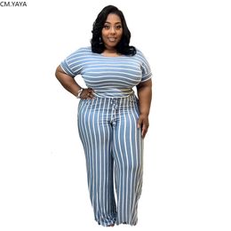 Women's Plus Size Jumpsuits Rompers CM.YAYA Women Plus Size S5XL Striped Oneck Short Sleeve Straight Jumpsuit Fashion Streetwear Overall Rompers 230325