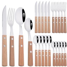 Dinnerware Sets Western Wood Handle Silver Cutlery Set 6/16/24Pcs Knife Fork Spoons 304 Stainless Steel Kitchen Silverware