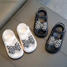 Sandals Children's Sandals for Girls New Korean Style Simple Summer 2023 Fashion Princess Open-toe Checkerboard Bow Causal Beach Shoes W0327