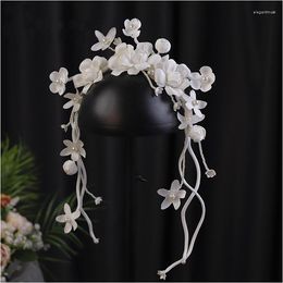 Headpieces Camellia Flower Hair Band Earrings Suit Bride Tiara Headdress With Makeup Dish Horsetail Wedding Accessories