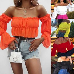 Women's Blouses Women Ladies Chiffon Off Shoulder Casual Crop Top Blouse Shirts Summer Tops Tee 5 Colours