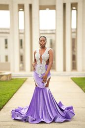 Custom Plus Size Mermaid Prom Dress 2023 With Beaded Elegant Lilac Velvet Long Party Black Girls Evening Gowns African Crystal Formal Dress For Special Occasion