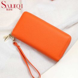 Wallets Pure cow leather large capacity handbag with double zipper wallet for women 2023 New simple leather wallet for mobile phone hand G230327